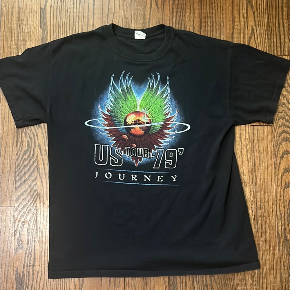 Journey Band Tee. Anvil Black Short Sleeve Tee Vibrant Graphic Design